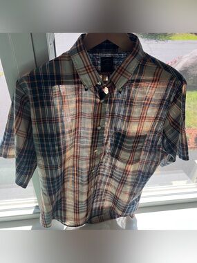 Vintage 70s PAPER THIN Penneys Towncraft Button Shirt Blue Orange Men’s M